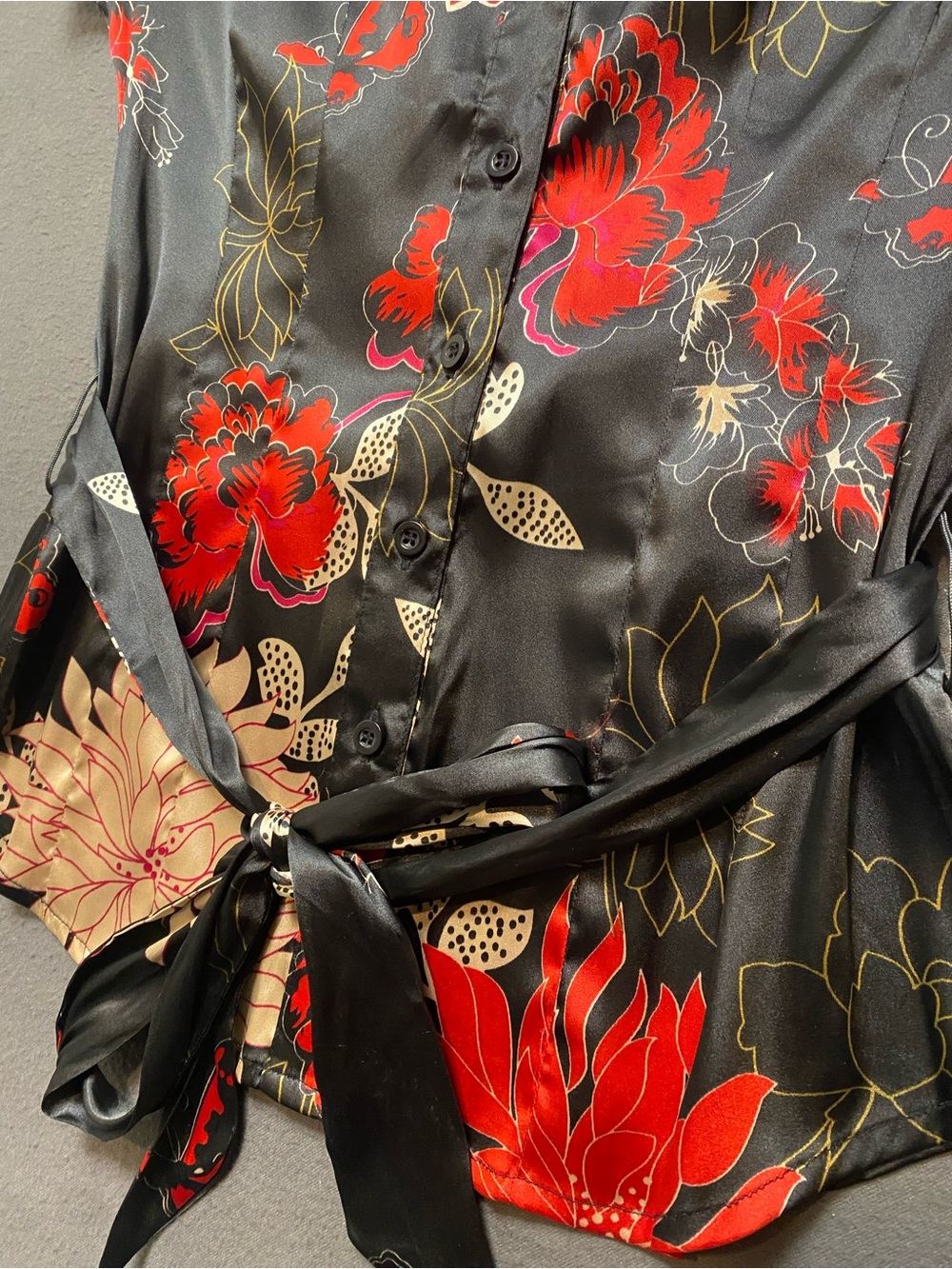 Wet Seal Black Floral Tie-Waist Button Down Blouse- Small - Picture 3 of 10